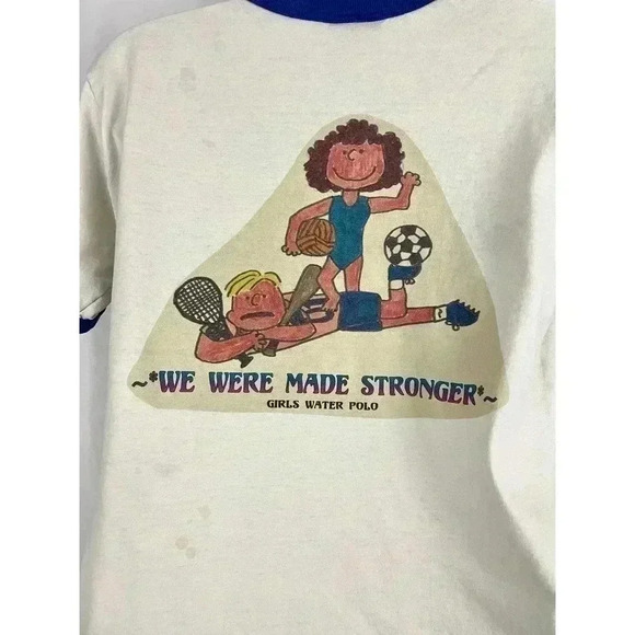 VTG Girls Water Polo T-Shirt SMALL We Were Made Stronger Retro STAINS - Picture 5 of 12